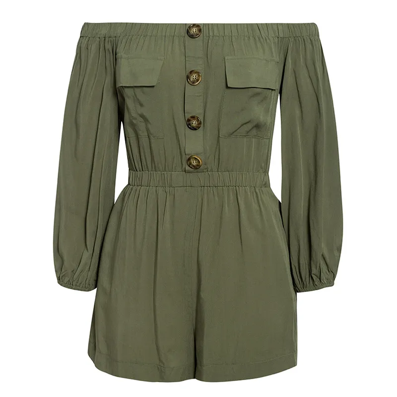 Off-the-shoulder button down overalls - Green