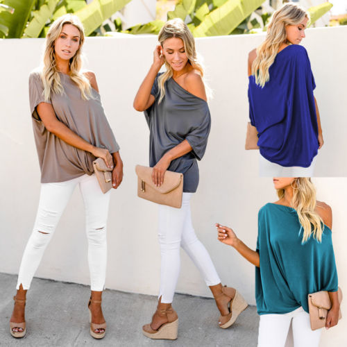 Pleated solid color sexy loose shoulder ladies T-shirt