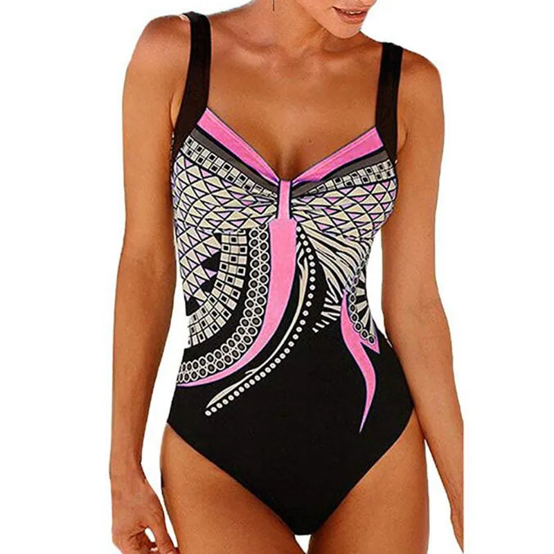 Strap retro printed sexy backless ladies one-piece swimsuit - Pink