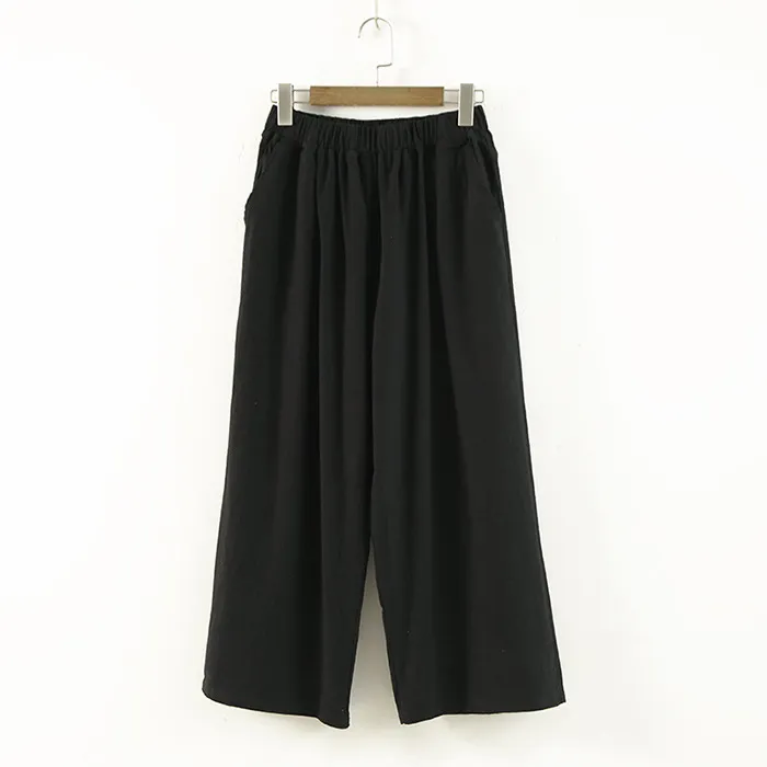Solid color cotton and linen retro simple casual pants - Black
