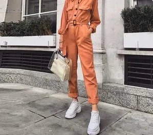Autumn and winter new women's tooling belt Slim casual jumpsuit Orange - Shop at LoveMi