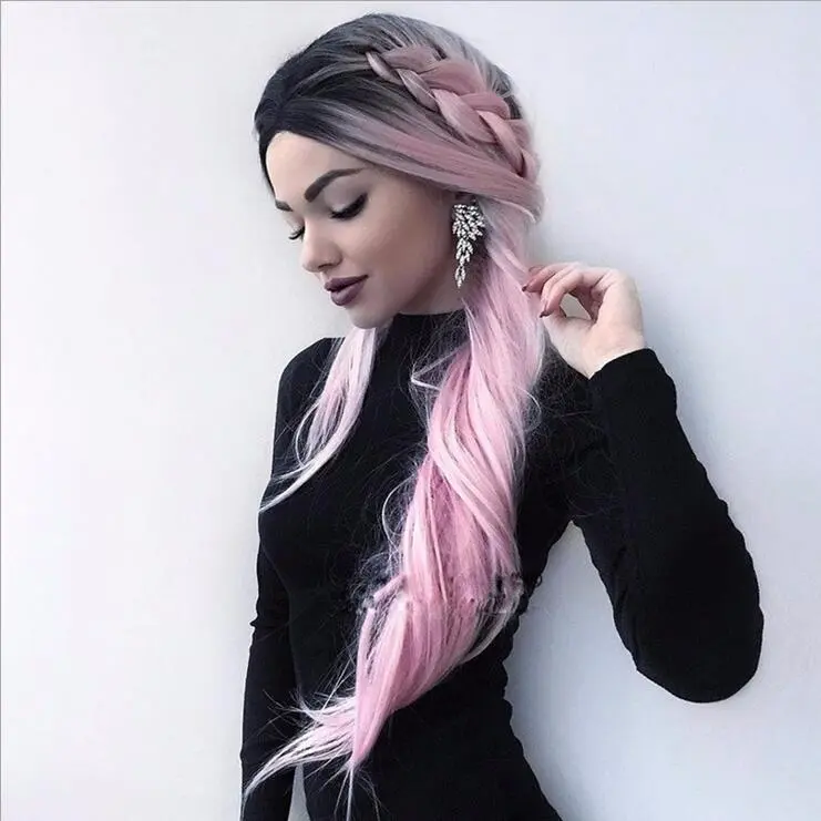 Long straight hair fashion gradient fake hair - Gradient Light Pink