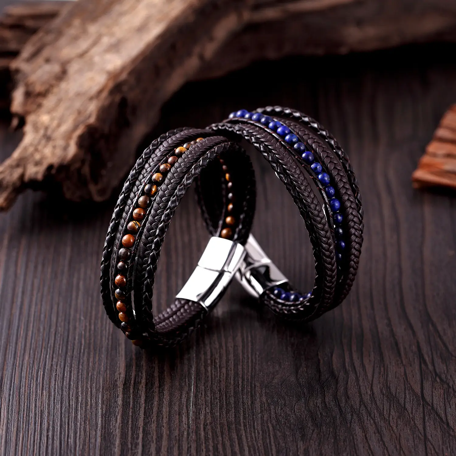 Genuine leather bracelet with magnetic buckle