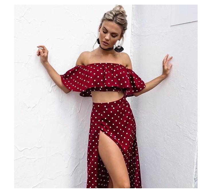 Printed wrap chest + high waist skirt suit