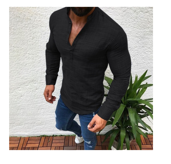 Summer men's plain linen short sleeved casual shirt with a stand-up collar