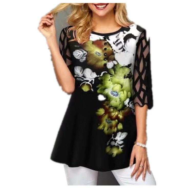 Printed round neck lace T-shirt