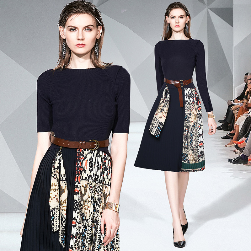 Round neck high waist fashion mid-sleeved dress