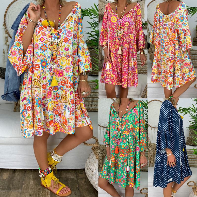 Printed Sleeves Ruffled Shirt Beach Skirt