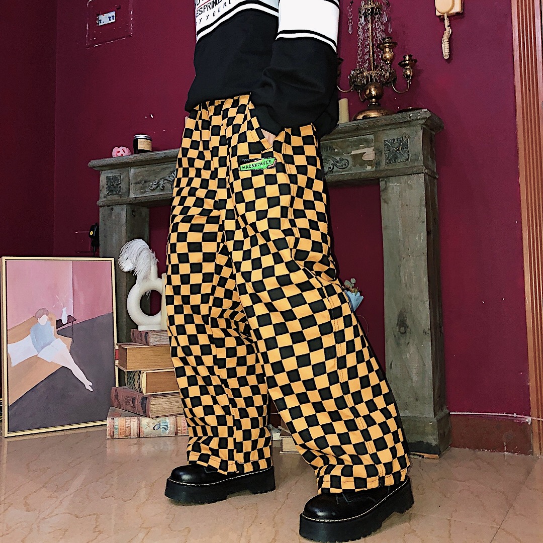 Harajuku hip-hop contrast checkerboard wide-leg pants