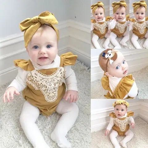 Mustard Flower Patchwork Romper Headband 2pc Set