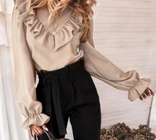 Round neck solid color simple ruffled long sleeve shirt