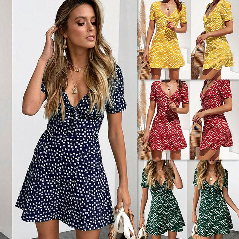 New fashion women's small floral print V-neck short sleeve dress