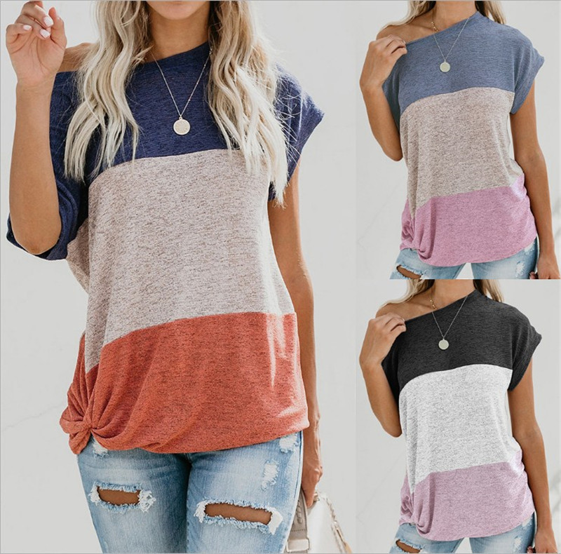 Contrast stitching diagonal shoulder hem kink short sleeves