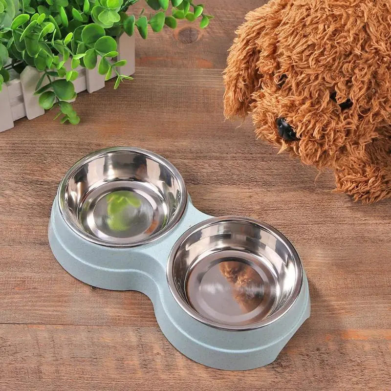 HAVO straw plastic round two-in-one double bowl stainless steel rice bowl pet supplies dog bowl - Blue