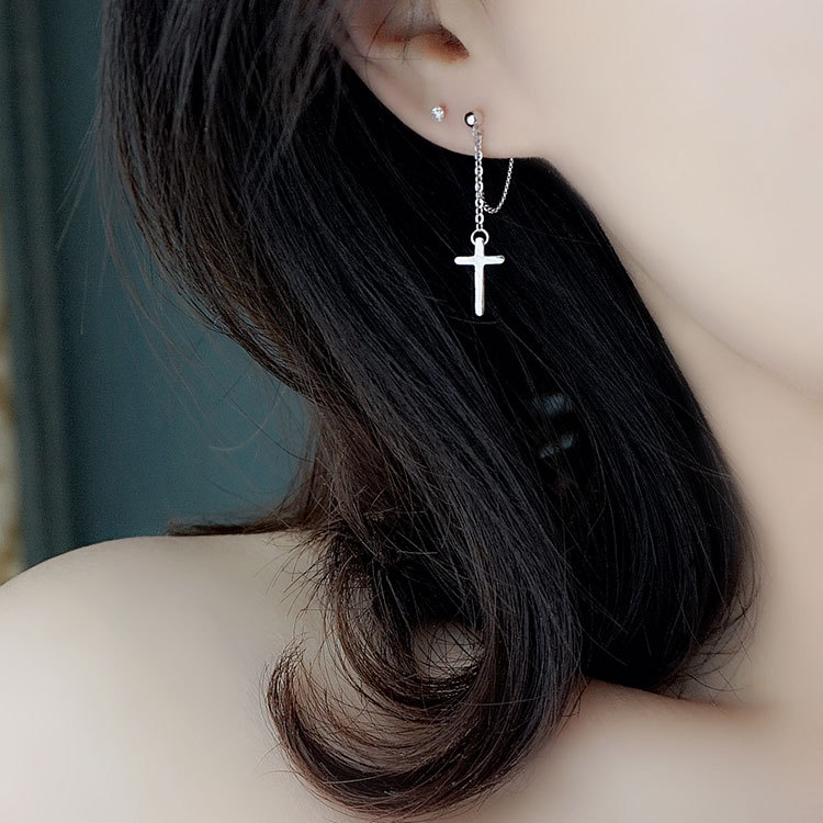 Cross chain tassel earrings in sterling silver