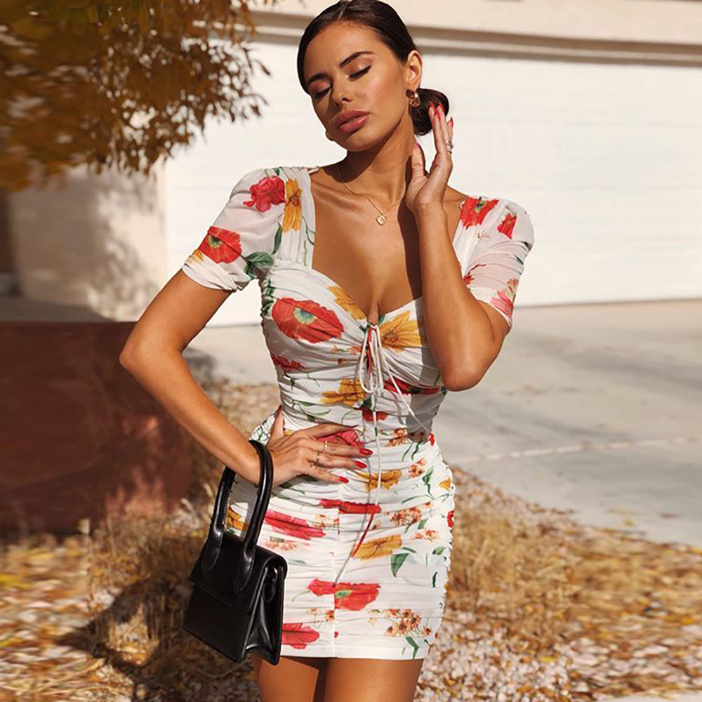 Fashion print pleated lace-up short-sleeved slim ladies dress