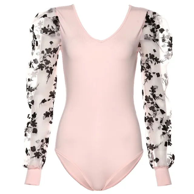Women's mesh embroidered long sleeved slim V neck jumpsuit Pink - Shop at LoveMi