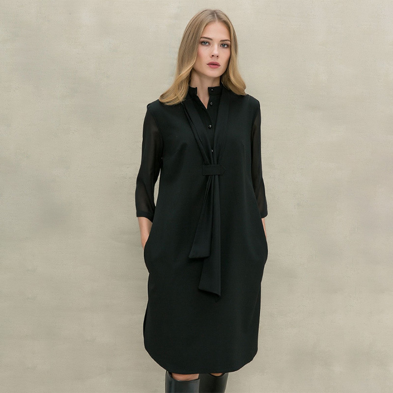 Solid color stand collar button midi dress