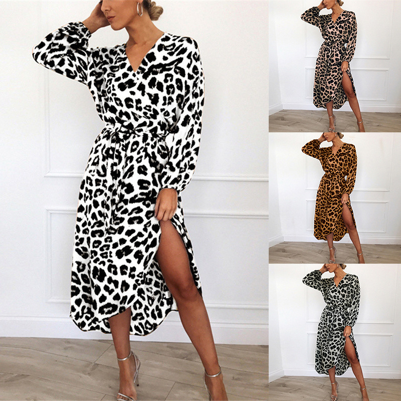 Sexy Leopard Print Long Sleeve V-Neck Lace Dress