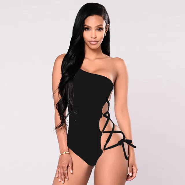 One shoulder sexy bikini swimsuit with hoop cross strap Black - Shop at LoveMi
