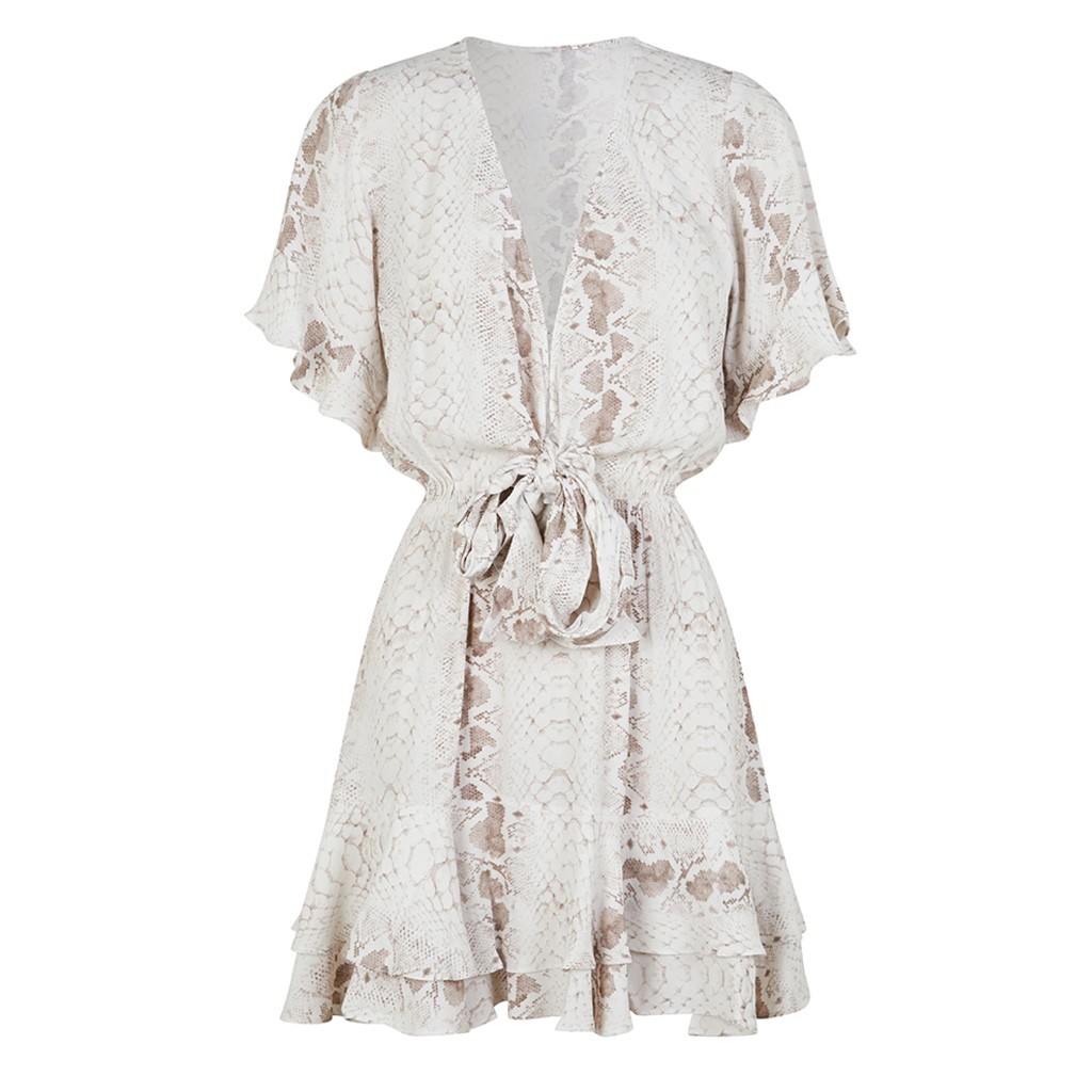 Ruffled short-sleeved V-neck snakeskin print skirt