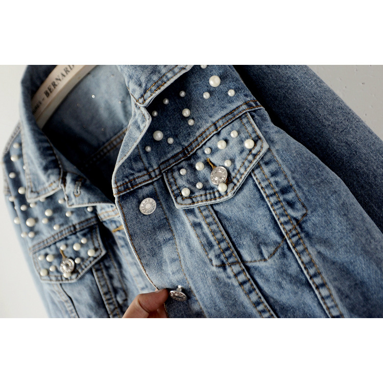 Beaded pearl loose casual women's denim jacket