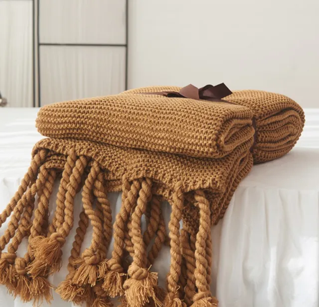 Office sofa blanket with tassel knitted thread blanket Khaki - Shop at LoveMi