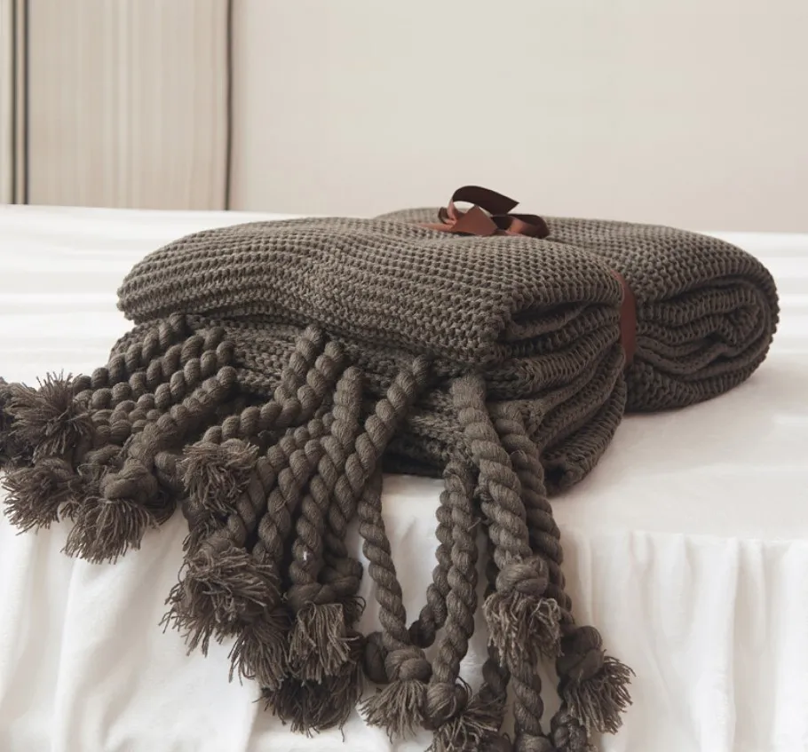 Office sofa blanket with tassel knitted thread blanket - Carbon Coffee