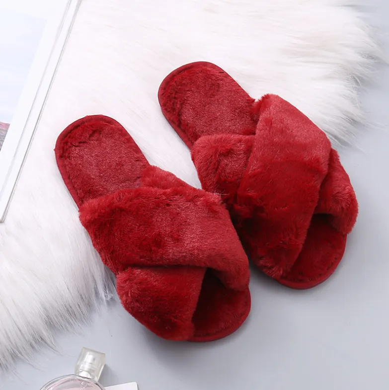 Winter Women Home Slippers With Faux Fur Fashion Warm Shoes Woman Slip On Flats Female Slides Black Plus Size - Red
