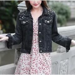 Beaded pearl loose casual women's denim jacket - Black - View 1