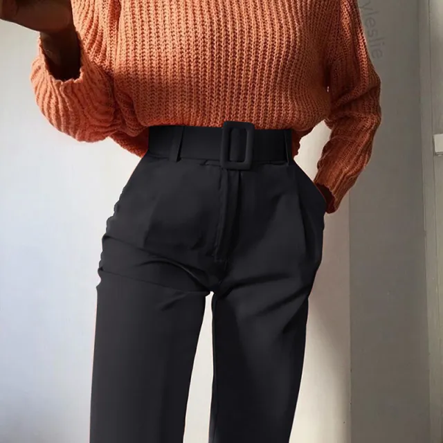 Slim solid color high waist 9 points pants Black - Shop at LoveMi