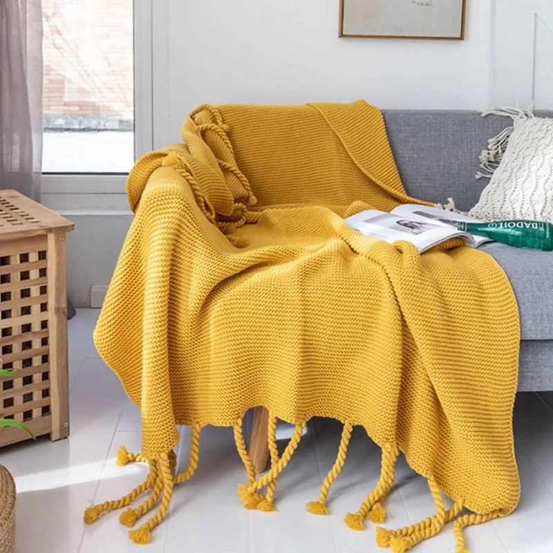 Office sofa blanket with tassel knitted thread blanket - Yellow