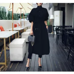 Stand collar fashion waist dress coat - Navy Blue - View 1