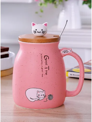 450ml Cartoon Ceramics Cat Mug With Lid and Spoon Coffee Milk Tea Mugs Breakfast Cup Drinkware Novelty Gifts Pink - Shop at LoveMi