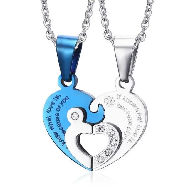 Love puzzle titanium steel couple necklace Blue - Shop at LoveMi