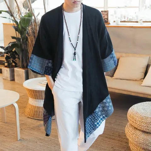 Men's Mid-length Long-sleeved Cotton and Linen Jacket