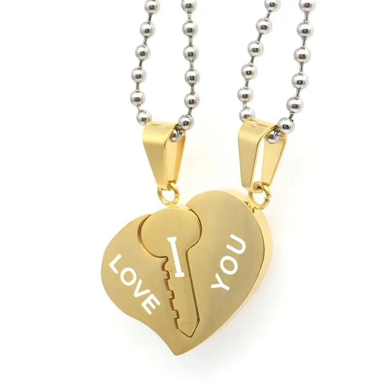 Titanium steel heart lock couple necklace - Gold
