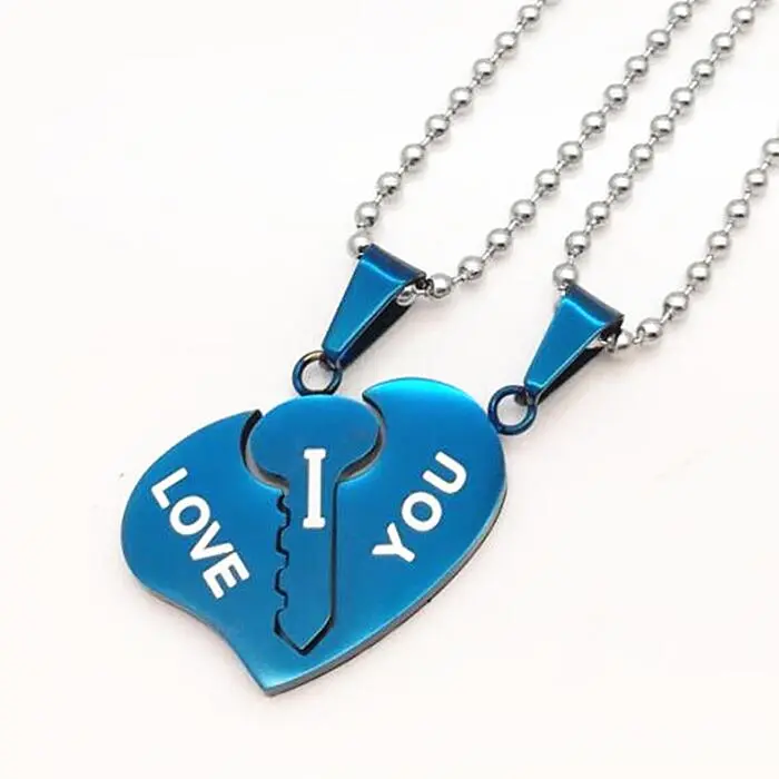 Titanium steel heart lock couple necklace - Blue