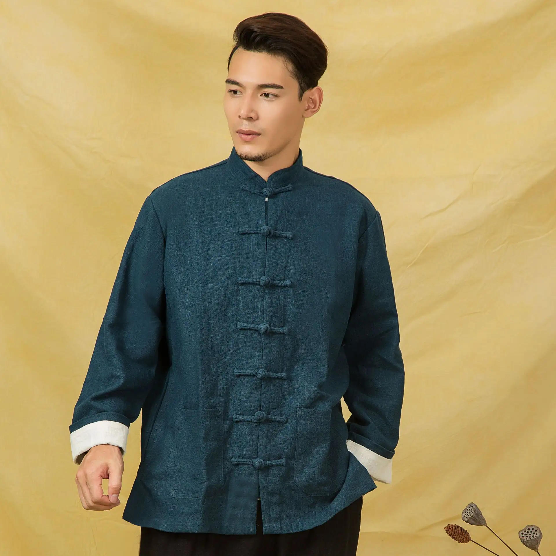 Chinese style cotton and linen buckle long