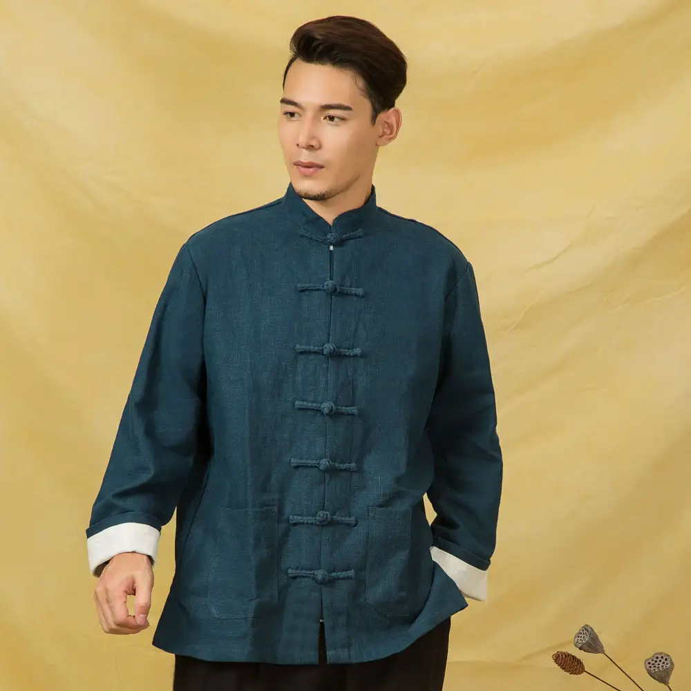 Chinese Style Cotton and Linen Buckle Long Sleeve Shirt