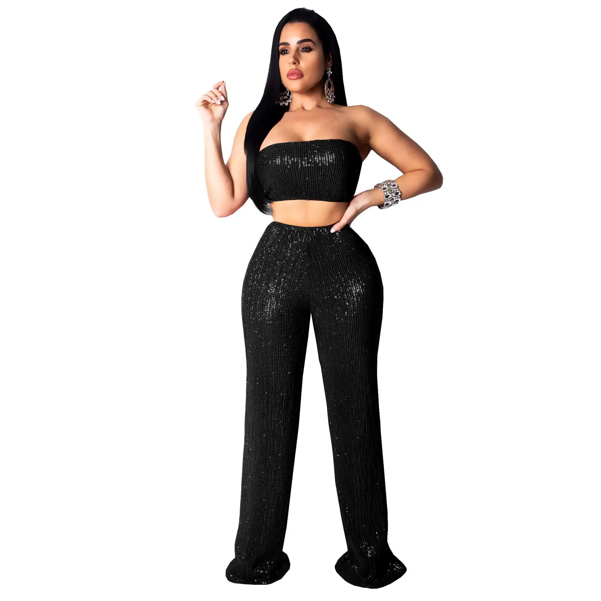 Hot sequins tube top two-piece set