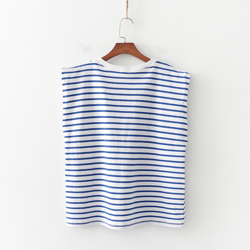Sleeveless blue and white striped knitted T-shirt