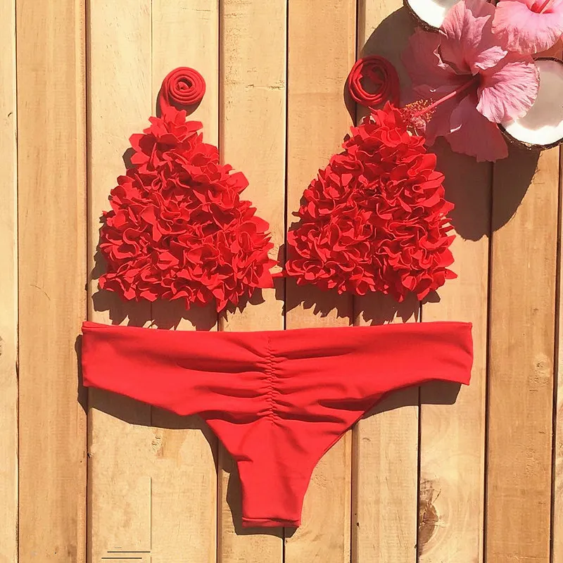 New sewn flower swimwear Europe and America burst triangle bikini - Red