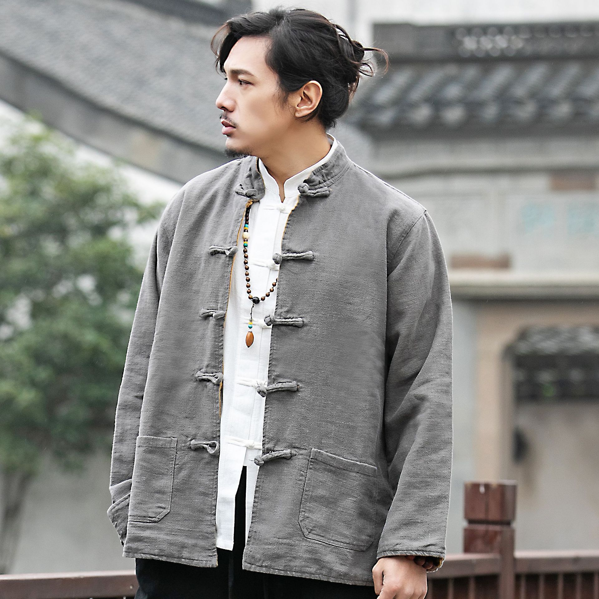 Double-sided two-color two-sided wear jacket pure linen buckle
