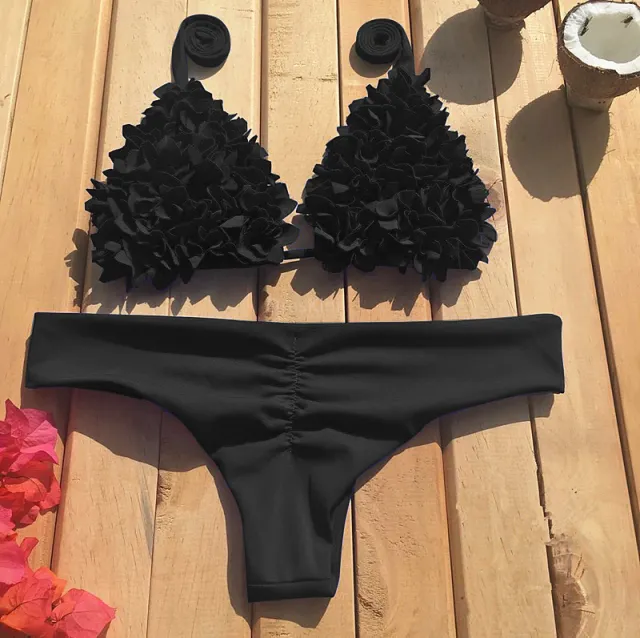 New sewn flower swimwear Europe and America burst triangle bikini Black - Shop at LoveMi
