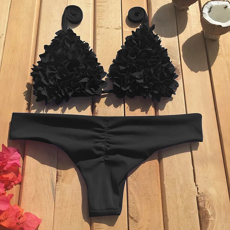 New sewn flower swimwear Europe and America burst triangle bikini - Black