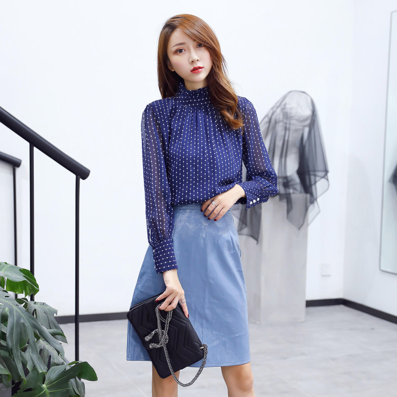 Polka dot chiffon shirt women long sleeves