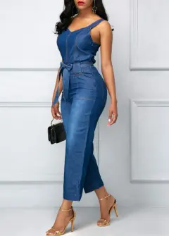 Sling Bowknot Denim Jumpsuit - Blue - View 1