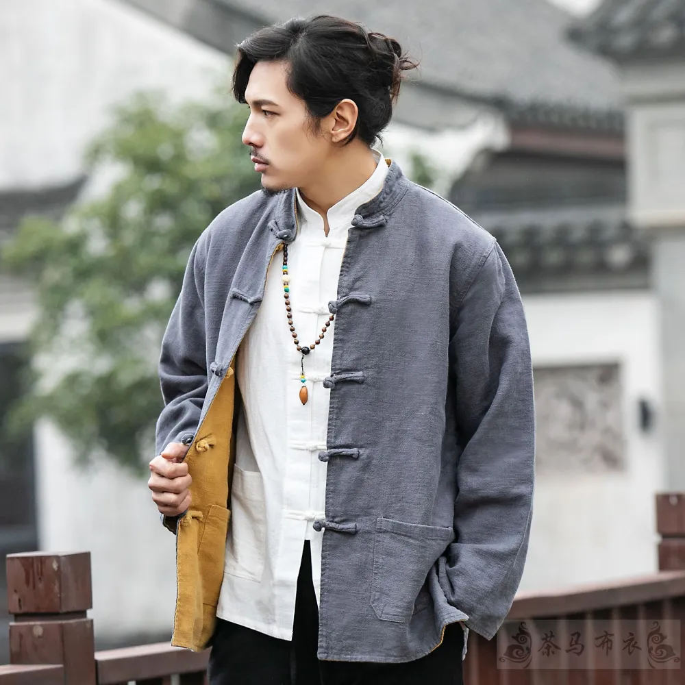 Double-sided two-color two-sided wear jacket pure linen buckle