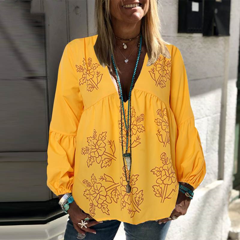 V-neck lantern long sleeve shirt print top